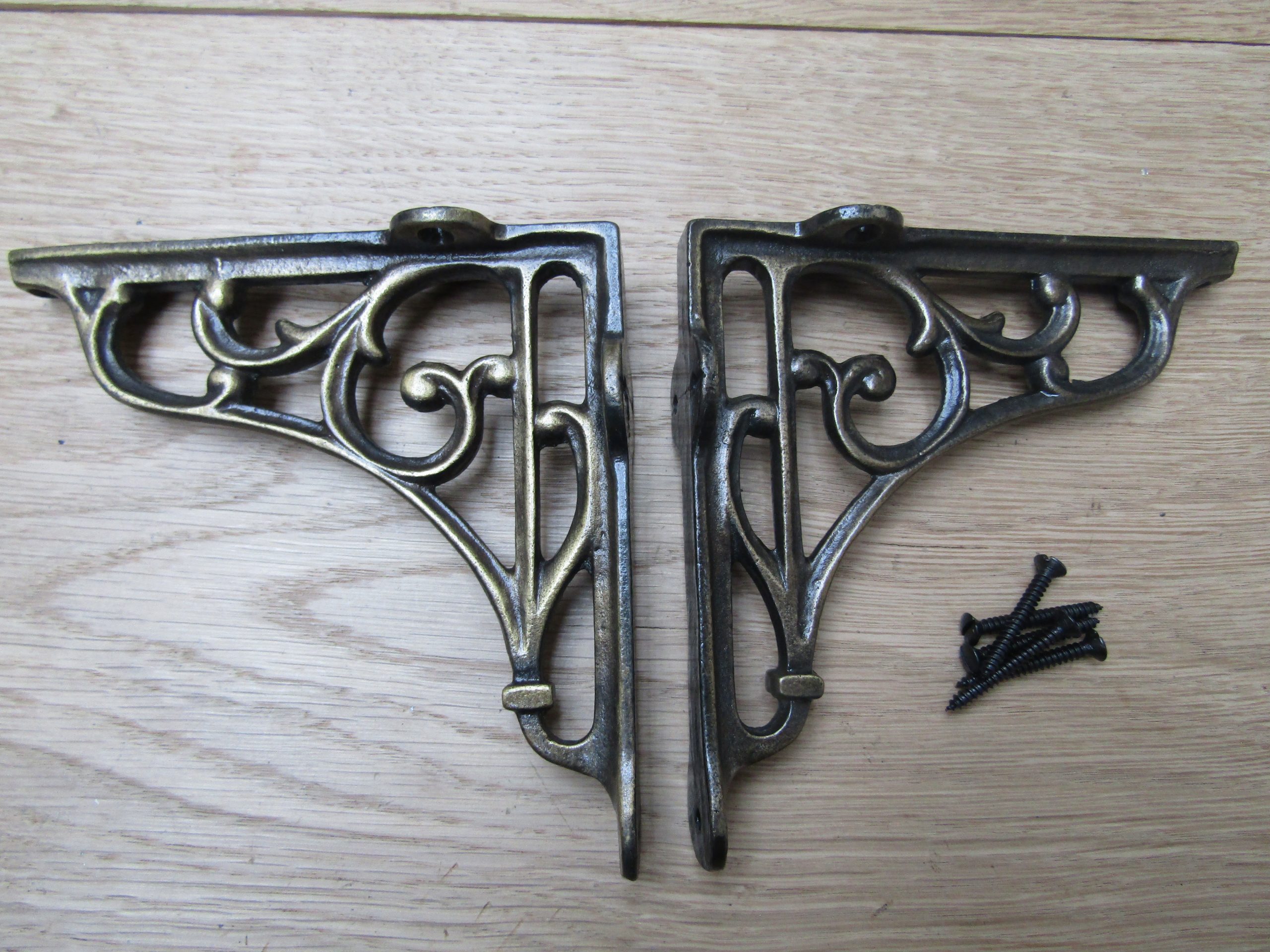 Pair Of Victorian Scroll Metal Shelf Brackets Antique Brass 7"