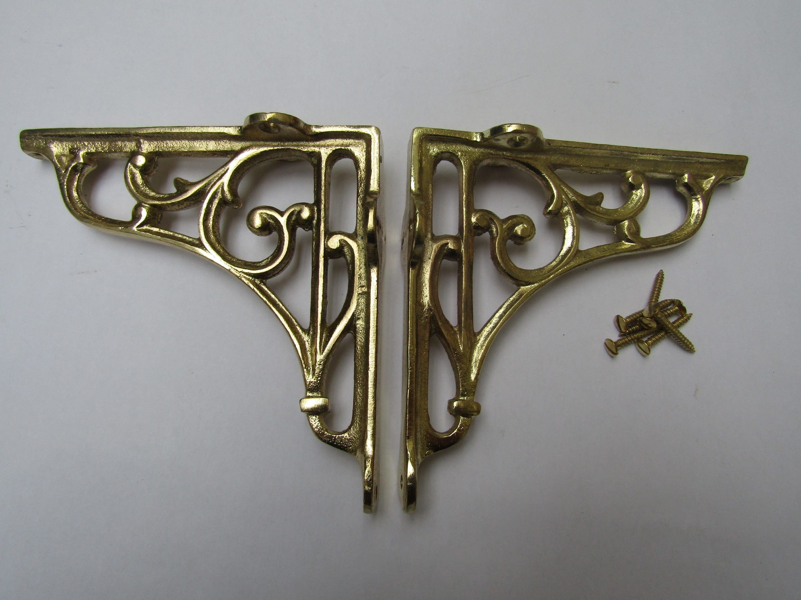 Pair Of 7" Victorian Scroll Shelf Brackets Polished Brass