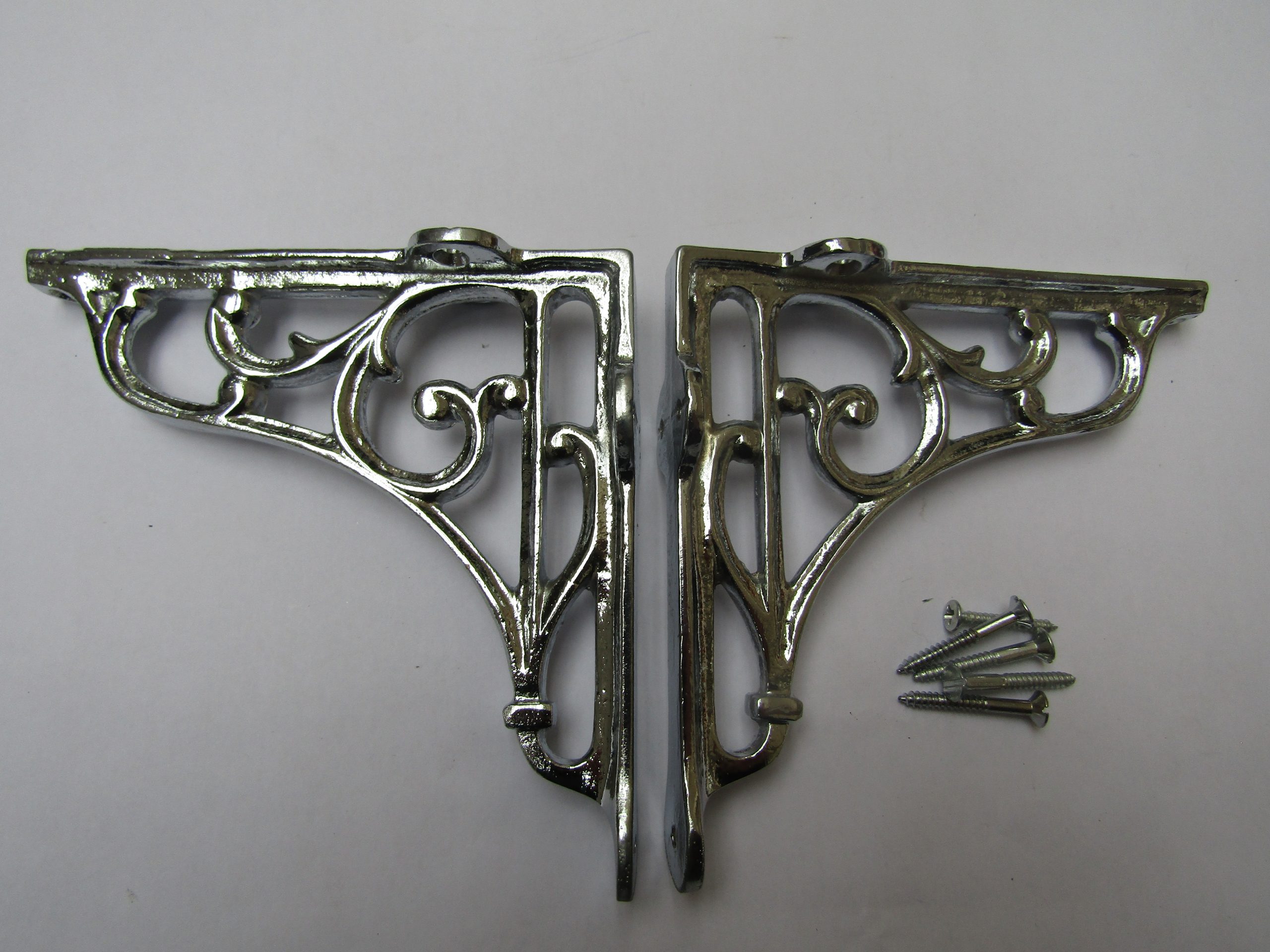 Pair Of 7" Victorian Scroll Shelf Brackets Polished Chrome