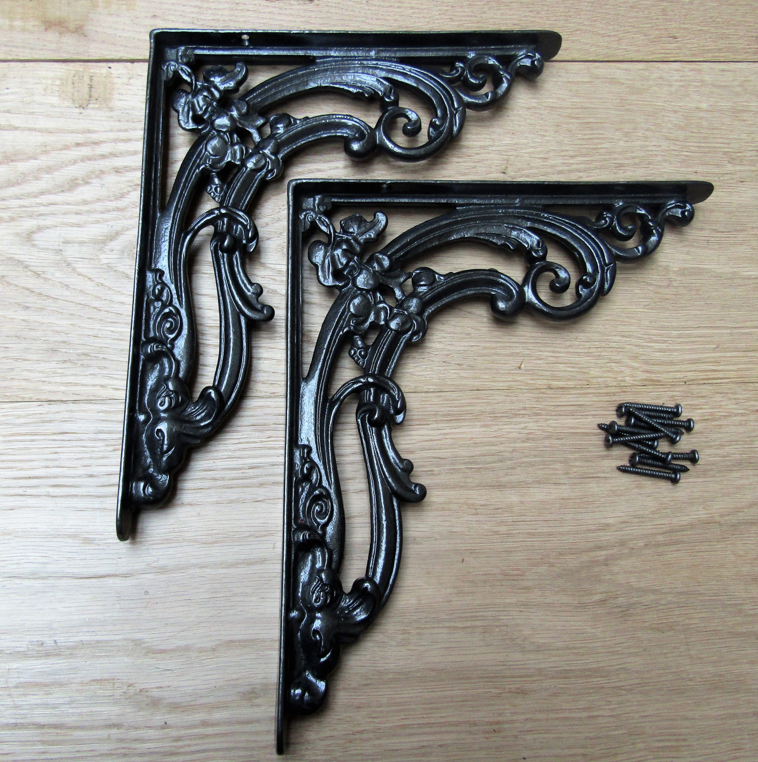 Pair Of 12" Floral Shelf Brackets Black Wax