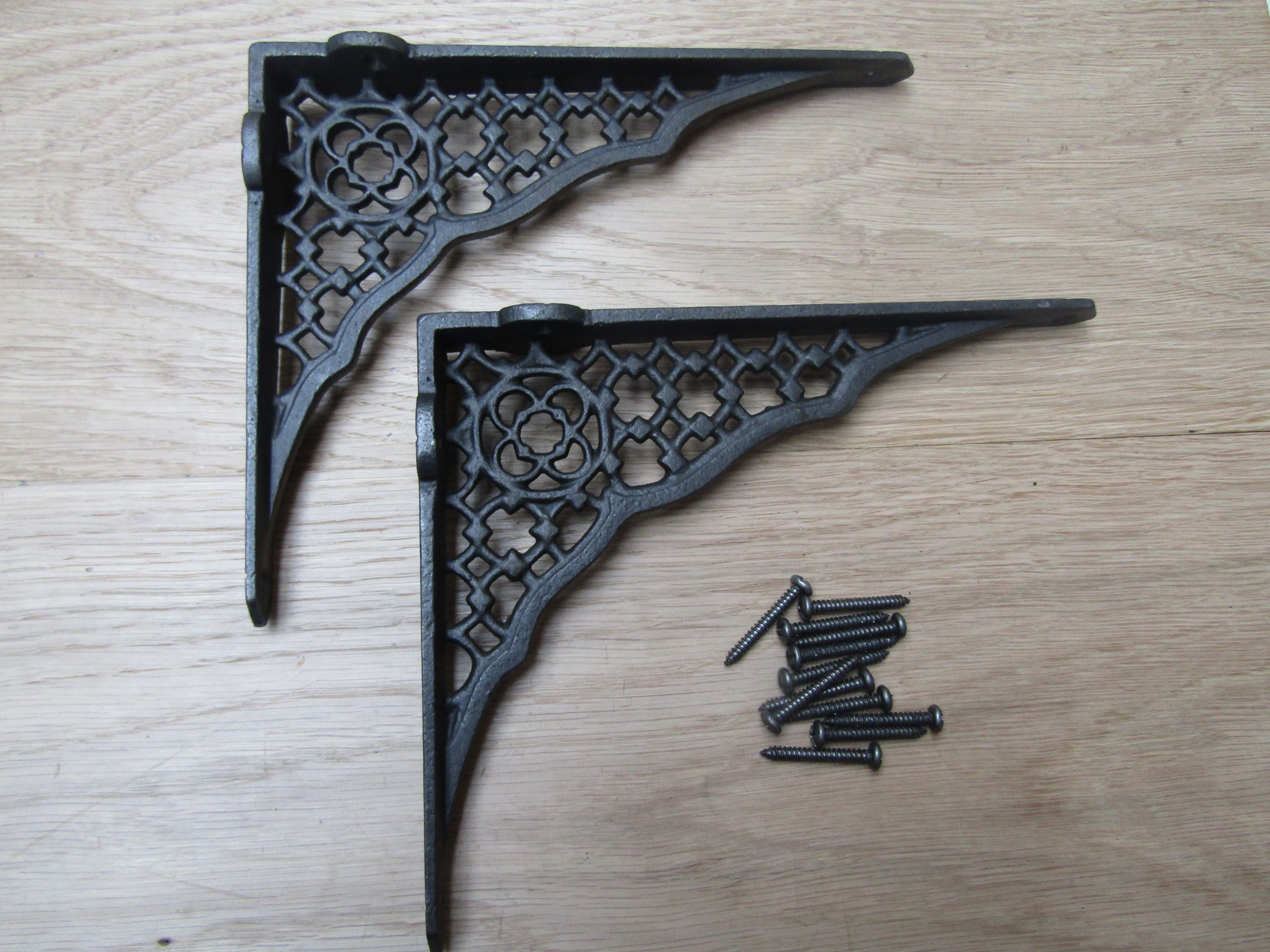 Pair Of 8" Jali Lattice Shelf Brackets Antique Iron