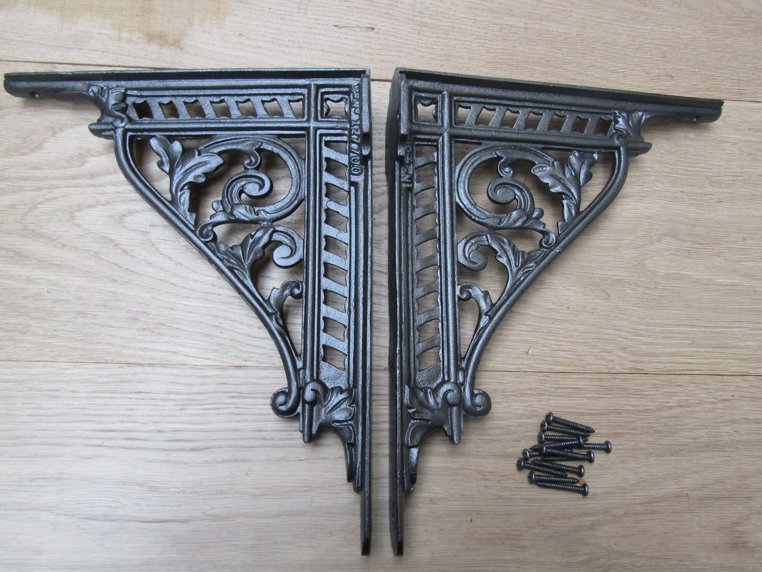 Pair Of 12" Ornate Shelf Brackets Antique Iron