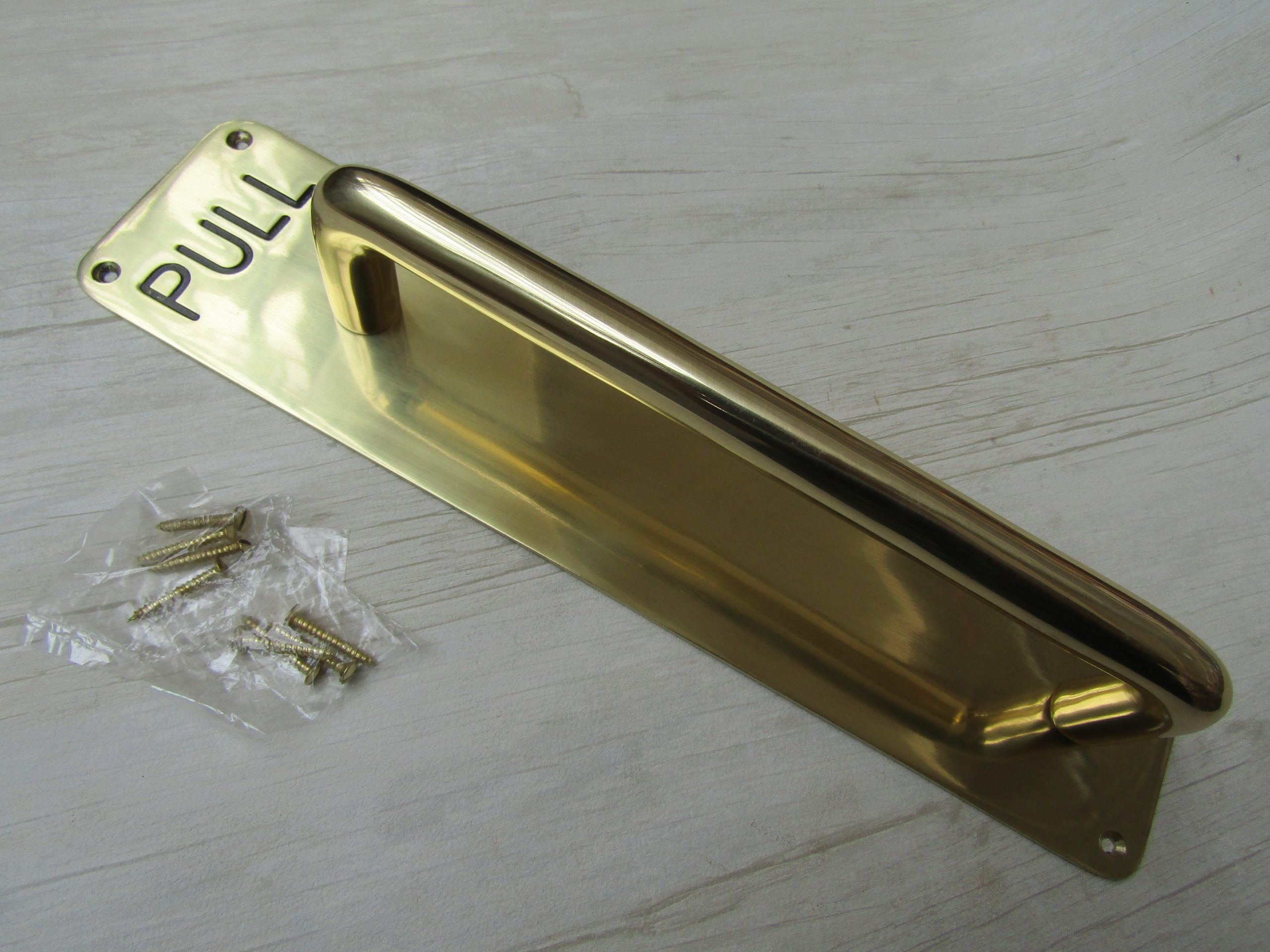 Pull Engraved Handle on Plate Polished Brass
